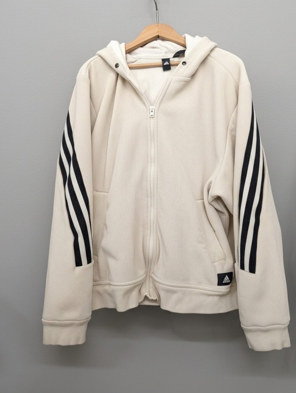 adidas Cream Hoodie with Black Three-Stripe Sleeves